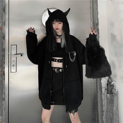 Autumn Winter Women Harajuku Punk Gothic Girls Black Devil Horn Hoodies Sweatshirt Japanese Pop Loose Long Sleeve Plus Size