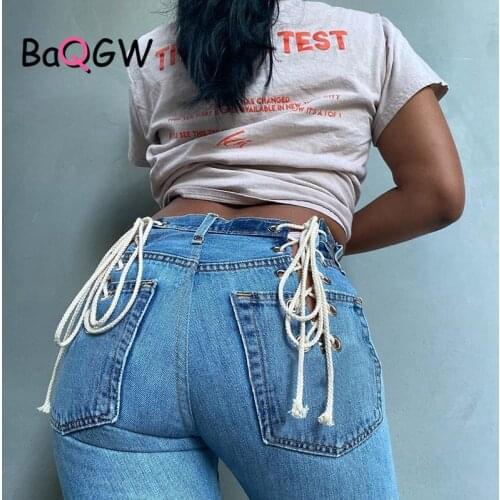 BaQGW Casual Lace Up Autum Jeans Women Blue High Waist Long Trousers Sexy Hollow Out Denim Patchwork Straight Pants Streetwear