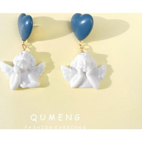 QUMENG New Harajuku Cute Cupid Angel Pendant Drop Earring Haze blue heart Punk Chain Jewelry Cool Women Balot vintage Girl Gifts