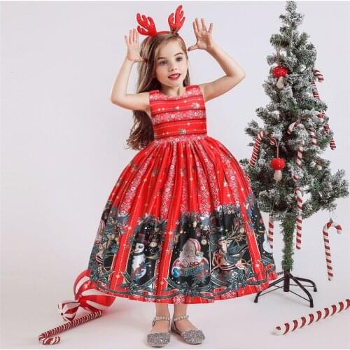 Santa Claus Print Red Christmas Dress Evening Cosplay Gift Dress for Girls Princess Dress Ball Gown Funny Party Dress SD054
