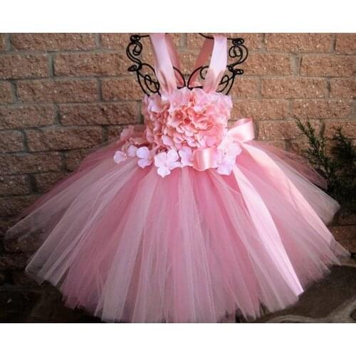 Girls Pink Pearl Petals Tutu Dress Kids Flower Dress Ball Gown with Ribbon Bow Children Wedding Party Costume Princess Dresses