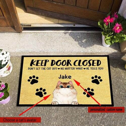 “Keep Door Closed“ Personalized Customcat Door Mat Flannel Entrance Rug Durable Indoor And Outdoor Carpet Non-Slip Doormat
