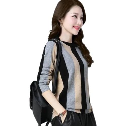 Women Sweaters 2021 New Spring Autumn O-Neck Long Sleeve Stripe Pullover Loose Tops Female Casual Knitted Jumper Femme Full Q31