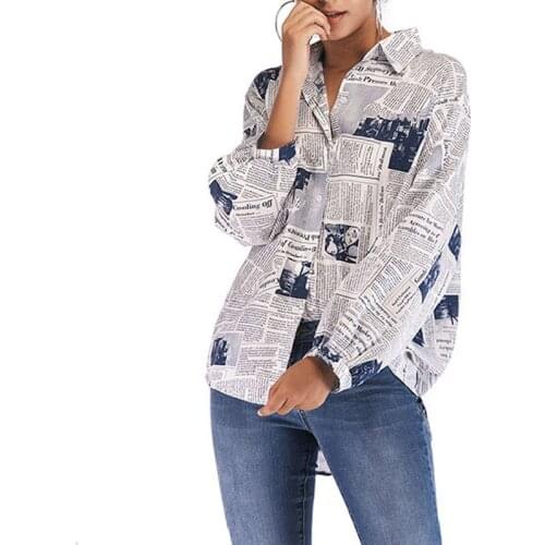Womens Blouse V Neck Button Down Long Sleeve Tops Newspaper Print Shirt -MX8