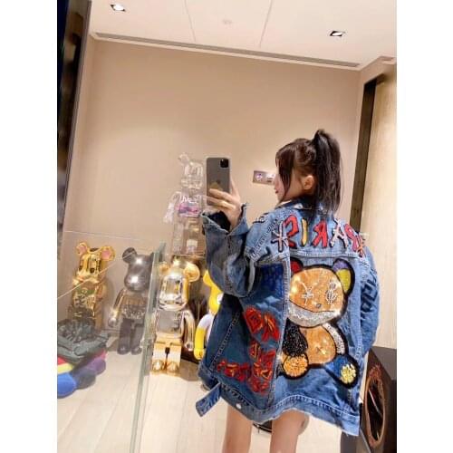 Denim Jacket New Hot Diamond Heavy Industry Bear Long Coat Autumn Women Fashion Harajuku Chaqueta Mujer Streetwear Windbreaker