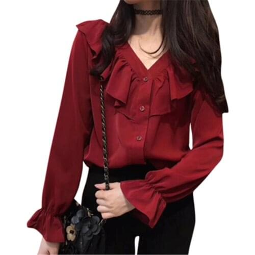 2021 Spring Summer New Korean style Loose V-neck Chiffon Shirt Women Long Sleeve Ruffled Blouse 223B