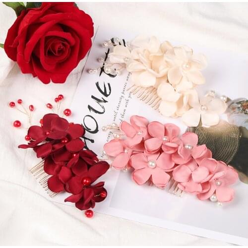 1Pcs Fashion Red Flower Hair Comb Bridesmaid Crystal Hair Clip Bridal Hairpin Wedding Hair Jewelry For Women Party Hairband Gift