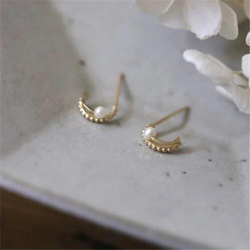 VENTFILLE 925 Sterling Silver Korea Simple Double Half Circle Small Pearl Stud Earrings Women 14k Gold Plating Jewelry Gift