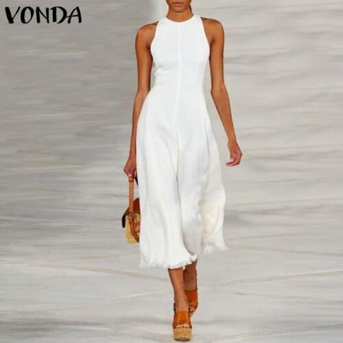 Women Overalls 2021 VONDA Wide Leg Pants Jumpsuits Female Casual Calf-Length Pants Zipper Rompers Femme Pants