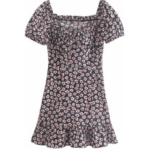 New Summer Women Floral Dress Short Puff Sleeves Casual Vogue Vintage Elegant Lady Woman Short Dress