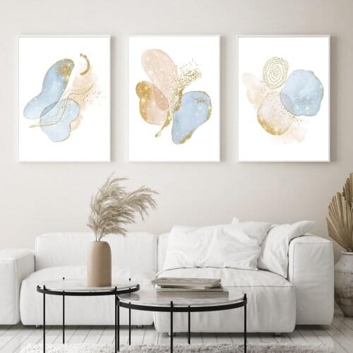 Gold Abstract Geometric Poster Blush Blue Beige Watercolor Wall Art Print Canvas Painting Modern Pictures Living Room Decor