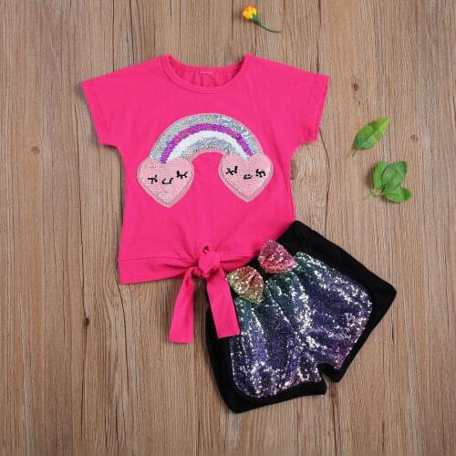 2 Pieces Kids Suit Set, Sequins Round Collar Short Sleeve T-Shirt+ Shorts for Girls, Rose Red, 2-7 Years New Style 2021