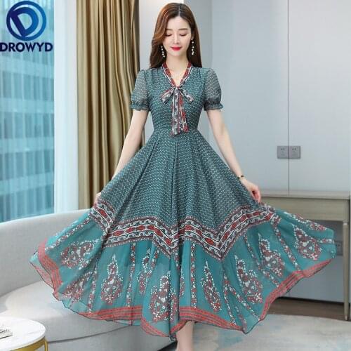 2021 Summer Sexy Beach Maxi Dress Elegant Hot Sale Plus Size M-3XL Bow Collar Short Sleeve Irregular Women Chiffon Long Dresses