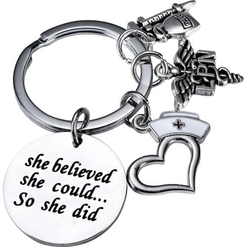 36PCs She Believed She Could So She Did Keyrings Nurse Hat LPN Syringe Stainless Steel Charm Pendant Keychain Nurse Gift Jewelry