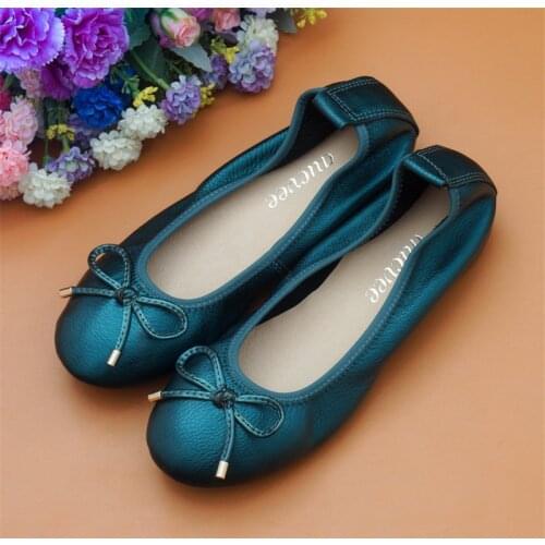 AUCVEE Flat Soled Women Shoes 2020 Patent Genuine Leather Round Toe Bow Knot Ladies Loafers New Fashion Women Ballet Flats Shoes