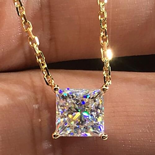 18K Yellow Gold Women Pendants Necklaces Moissanite Diamond 0.5 1 2 3 Carat Princess Square Wedding Anniversary Engagement Party