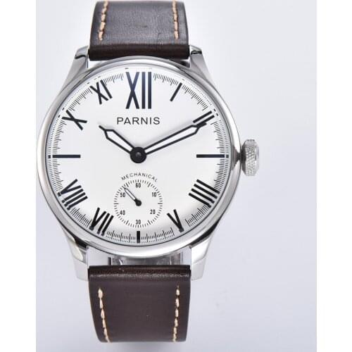 Parnis 44mm Mechanical Mens Watch 6498 ST3620 Hand Winding Movement Roman Numbers Leather Band Round Case Male Wristwatch