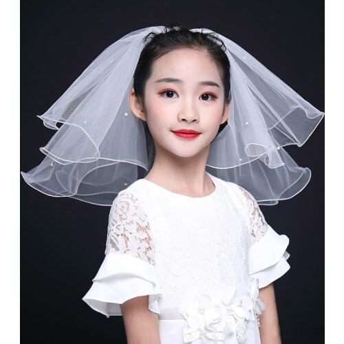 Two Layers Flower Girl Veil Cheap Children Princess Veil velo Sposa Short Pearl Veil Kids Veil Weeding Accessoire Noivas