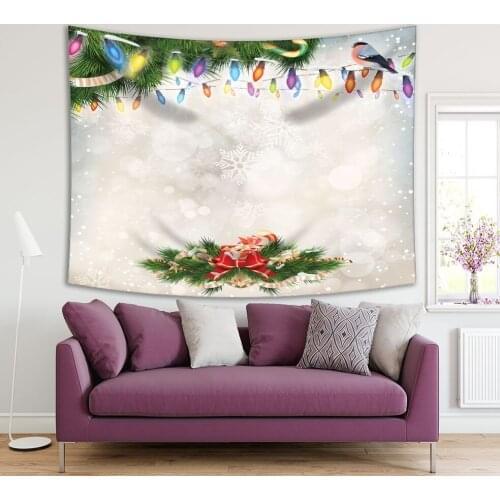 Tapestry Christmas Fir Tree Branches with Snowflakes Celebration Theme on Gray White Green Red Colorful Vintage Artwork