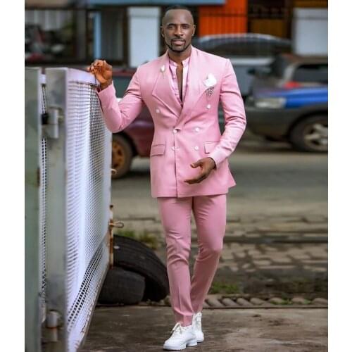 Summer Pink Wedding Tuxedos Slim Fit Double Breasted Excellent Men Formal Dinner Party Prom Blazer Suit(Jacket+Pants)