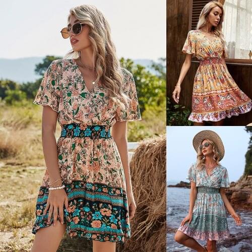 Summer Womens Clothes Dress V-Neck Short Sleeves Printing Beach Set Head Rayon A-Line Skirt Leisure Holiday Woman Dresses