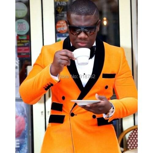 Mens Suits With Pants Prom Suits For Men 2019 Custom Made Yellow Orange Tuxedo Black Lapel Wedding Suit Double Breasted Suit