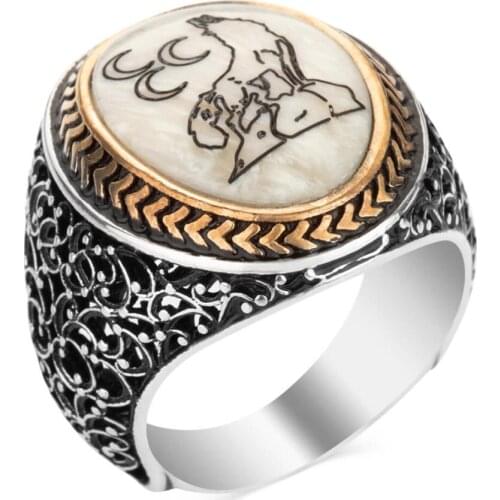 925 Sterling Silver Mens Ring with Triple Crescents and Grey Wolf on White Mother of Pearl Stone Male Ring