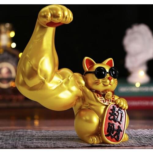 Muscle Arm Lucky Cat Ornaments Golden Resin Crafts Living Room Cute Animal Small Decoration Gift Creative Modern Home Decoration