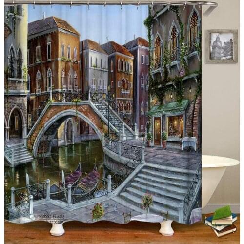 Blue sky green lake water bridge 2 boat beautiful house wear-resistant waterproof quick-drying bathroom shower curtain