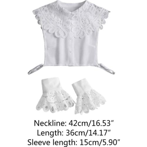 Q1QA Women 2Pcs Large Lapel False Collar with Fake Sleeve Wristband Set Hollow Out Lace Detachable Half Shirt Horn Cuffs