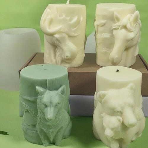 Animal Series Embossed Creative Scented Candle Silicone DIY Elk Bear Wolf Resin Soap Clay Cylindrical Molds For Handmade Tools