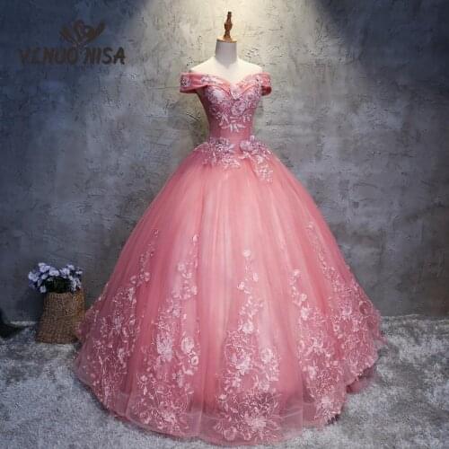 VLNOU NISA Pink Hot Fashion 2018 New Quinceanera Dress Vestidos De Party Prom Formal Sexy Off The Shoulder Sweet Floral Print