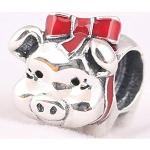 Authentic S925 Bead DIY Jewelry Piggy Bank Charms fit Lady Bracelet Bangle Lady Gift Red Enamel Bow