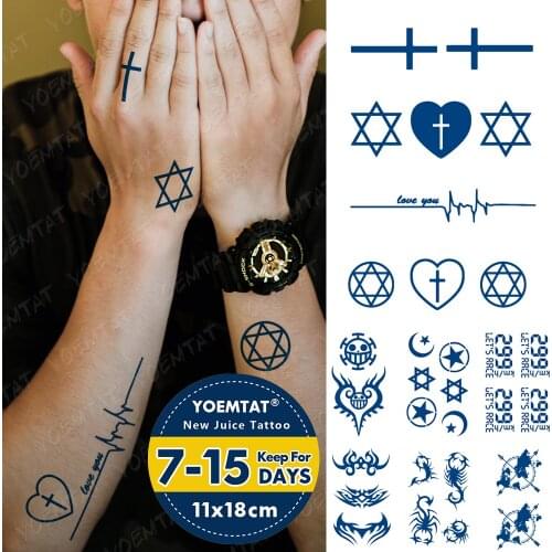 Juice Lasting Waterproof Temporary Tattoo Stickers Cross Pentagram Heartbeat Wave Letter Flash Tattoos Body Art Fake Tatto Male