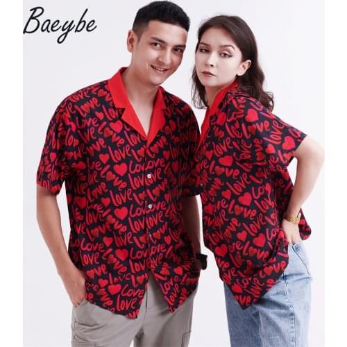 High quality Red love geometirc aesthetic chemise homme camisa masculina hawaiian casual cartoon button up Stylish shirt party