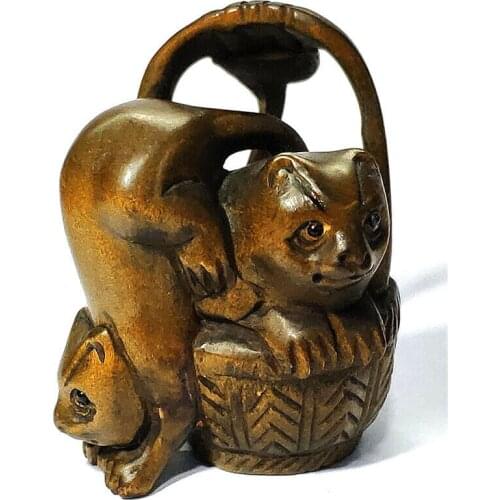 Y7312 - 2" Hand Carved Japanese Boxwood Netsuke Figurine Carving - 2 Cats in Basket