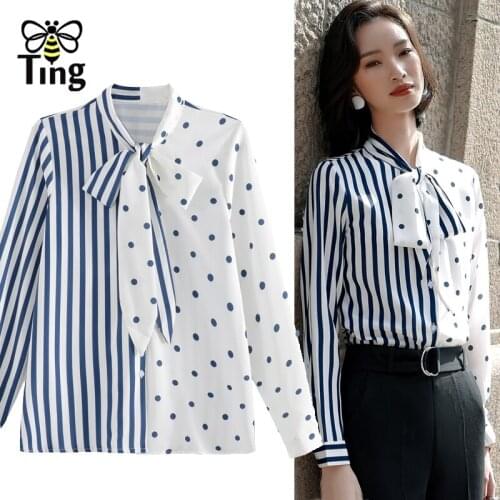Tingfly Women Elegant Office Style Ploka Dot & Straiped Button Up Blouses Bowknow Collar Casual Street Female Shirts Zaful Moda