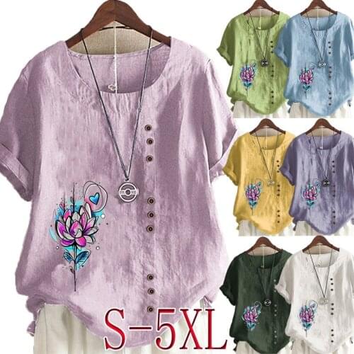 Womens New Summer Fashion Casual Linen Shirt Round Neck Printing T-shirt Short Sleeve Tops Loose Blouse S-5XL