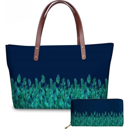NOISYDESIGNS Women Top-handle Bags Green Watercolor Leaves on Navy Border Printing Wallets and Bags for Ladies Girls Handbags
