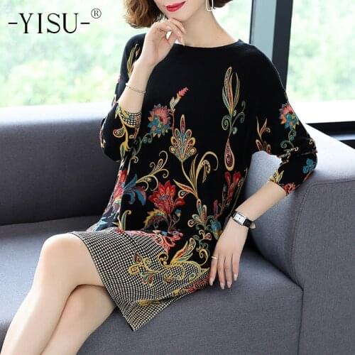 YISU Fashion Floral Print Sweater Dress women Long Sleeve Loose Casual long Jumper Women 2020 Autumn Winter Sweater Dress women