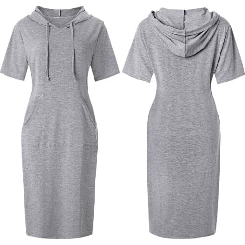Women 2021 Summer Hoodie Dress With Pockets Over Size Loose Hooded Dresses Short Sleeves Versatile Fashion Knee Length Skirt