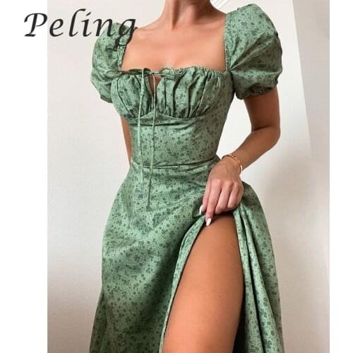 2021 Summer Floral Printed Women Dress Puff Sleeves Off Shoulder Sexy Vintage Dress Zipper High Split Long Dress Robe Streetwear