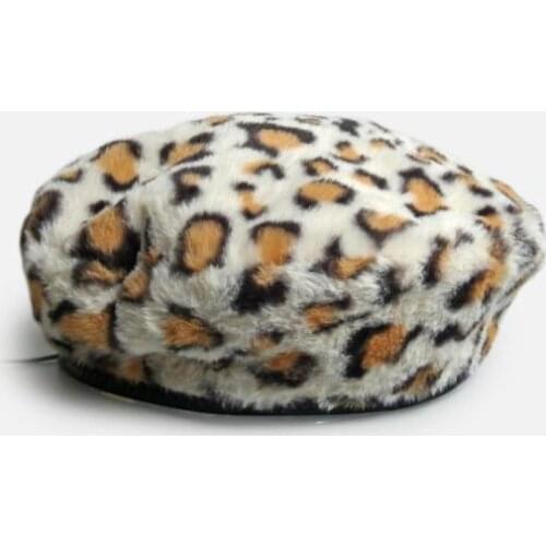 2019 Winter Chic Women Fuzzy Leopard Beret Warm Cozy Newsboy Cap Animal Print Artist Painter Fur Plush Hat