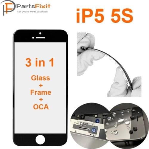 5pcs 3in1 Premium Glass Cold Press Frame OCA for iPhone5/5s Front Screen Glass Lens with Bezel Preinstalled OCA 3 in 1 Glass
