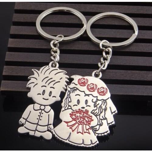 FREE shipping by FEDEX 100pairs/lot New Metal Wedding Keychains Novelty Boy and Girl Keyrings for Lovers Gifts