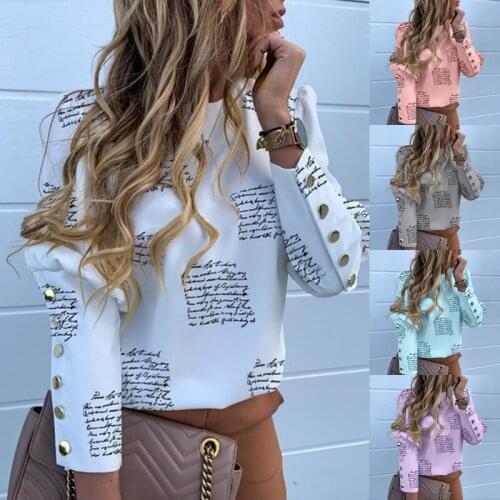 Elegant Puff Shoulder Blouse Shirts Metal Buttoned Blouses Women Letters Print Long Sleeve Tops