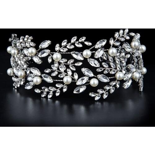 European Stylish Bridal Crown Diamante Tiara with Artificial Pearls Decor Full Crystal Women Headband for Wedding Banquet