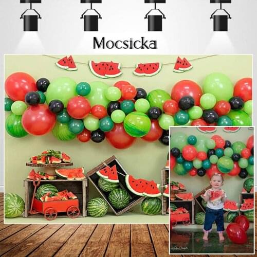 Summer Green Watermelon Photography Studio Photo Background Balloons Decoration Children Birthday Cake Smash Photo Backdrops