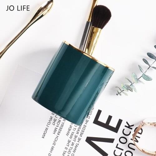 JO LIFE Nordic Darkgreen Exquisite Ceramic Makeup Brush Holder Stationary Gold Pen Organizer Tableware Storage Rack