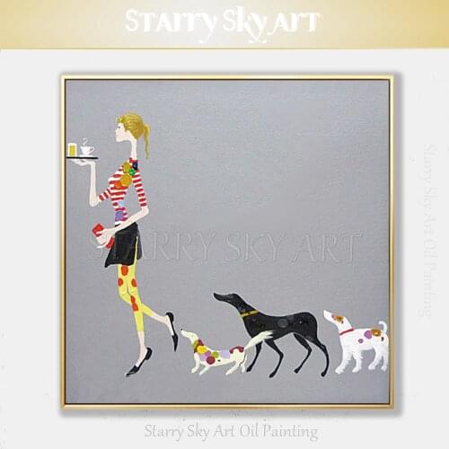 Cheap Price Artist Hand-painted High Quality Lady with Dogs Oil Painting on Canvas Best Wall Art Oil Painting for Kitchen Decor